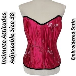 Intimate Attitudes Hot Pink Satin Black Velvet Trim Bustier Corset 38+ VGUC